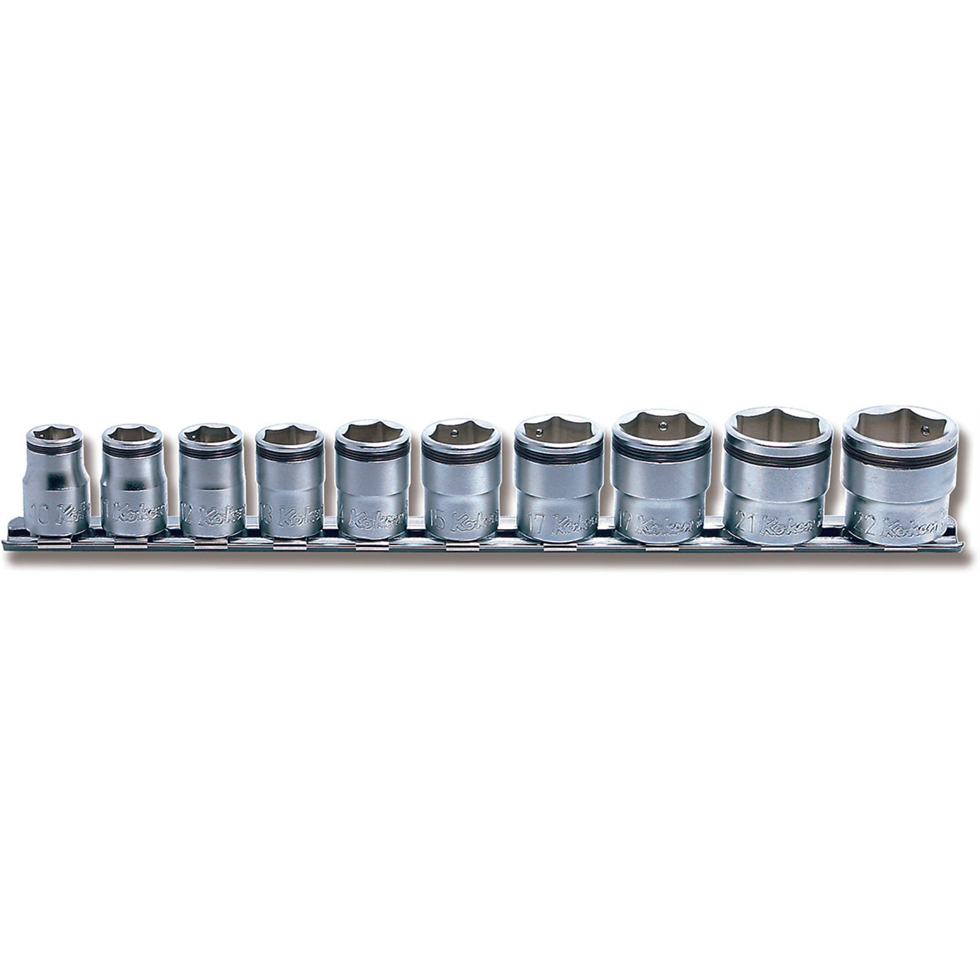 Ko-ken USA 3/8in. Sq. Dr. Socket Set — 10mm-22mm, Nut Grip, 250mm, 10 Pcs, Model# KKNRS3450M-10